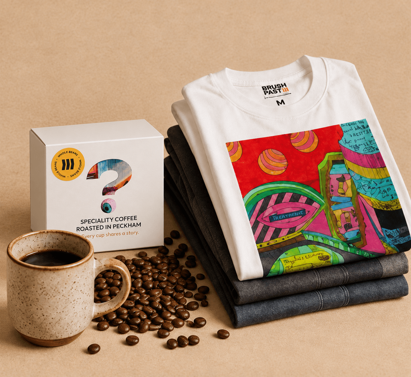 Coffee bag paired with a folded t-shirt