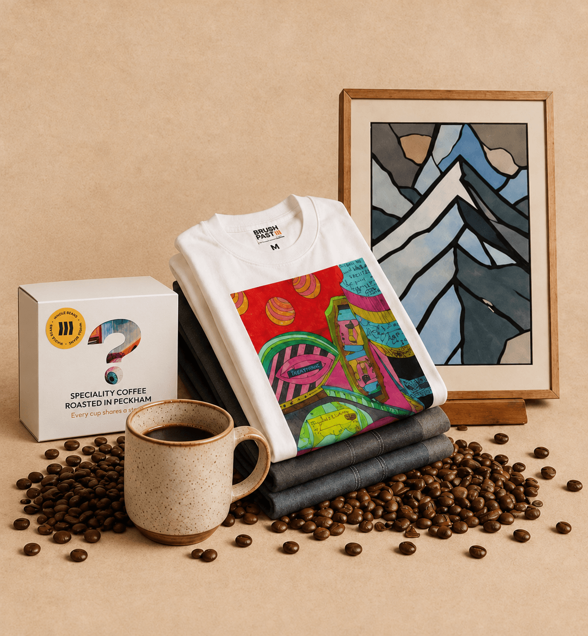 Premium gift box containing coffee, a t-shirt and a print together